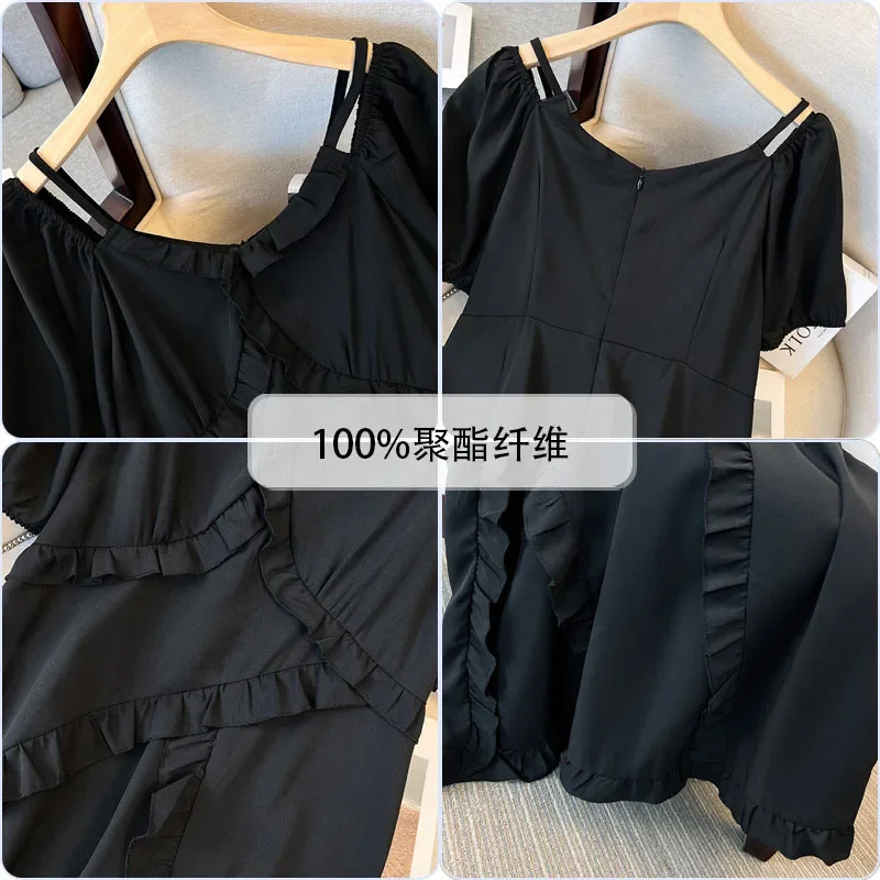 Vestido de verano de talla grande para mujer, manga corta, suelto, negro, con volantes, largo, elegante, XL-7XL