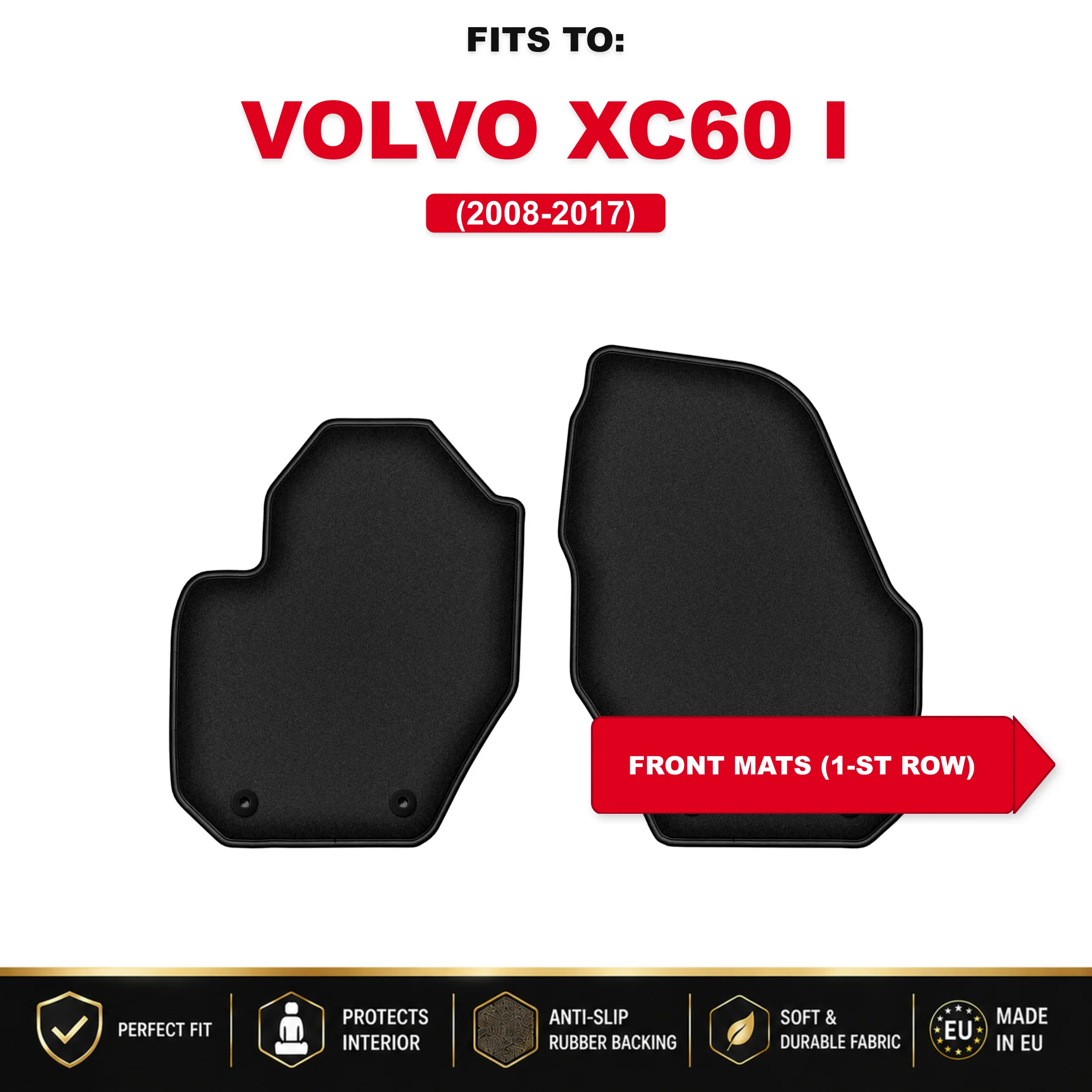 Voorste velours vloermatten, zwart, 2 stuks. Voor: Volvo XC60 I 2008-2017 set auto vloermatten voor de voorkant van de auto