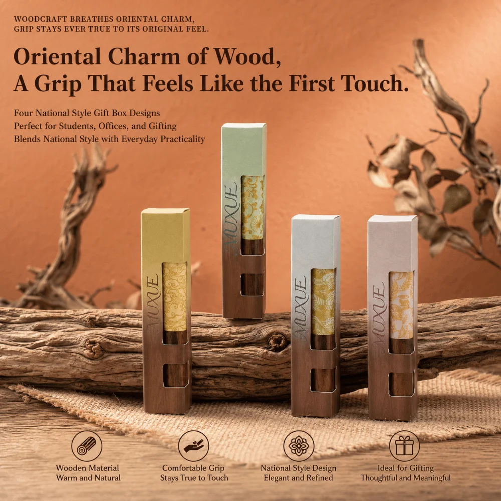 Portable Wood Chubby Gel Pen Vintage Floral Printed Smooth Writing Click Pen Signature Pen Students