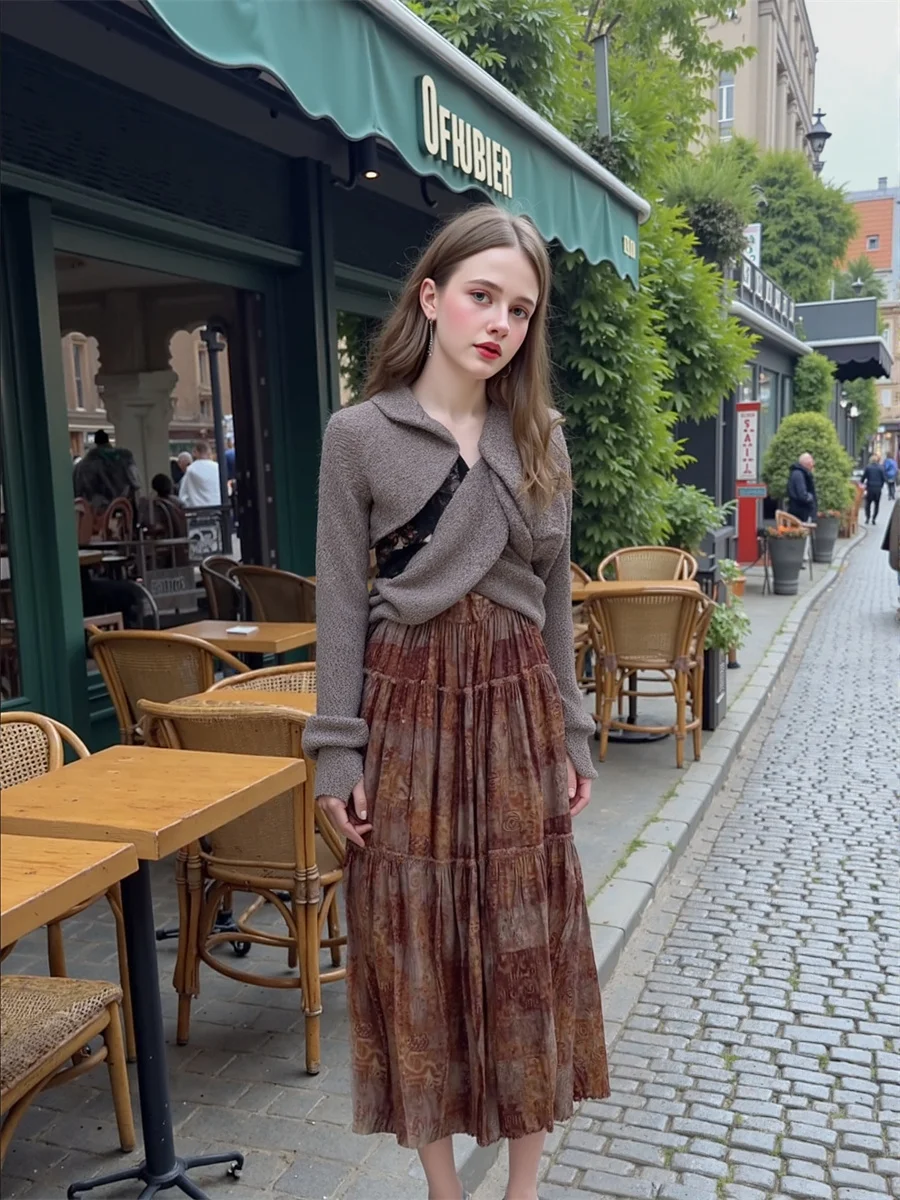 กระโปรงยาวพิมพ์ลายวินเทจสำหรับผู้หญิง ผ้าทูลล์ตาข่ายประดับลูกไม้ ผูกเชือกเอว ทรงเอไลน์ไม่สมมาตร สไตล์ชิค เหมาะสำหรับใส่ไปเที่ยวคลับหรือใส่ลำลอง น้ำหนักเบา