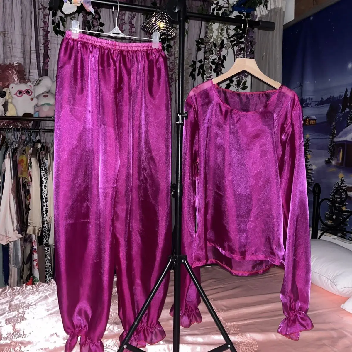 Glossy liquid water gauze organza pajamas two-piece set Women long sleeve loose sleeping plus size top pants