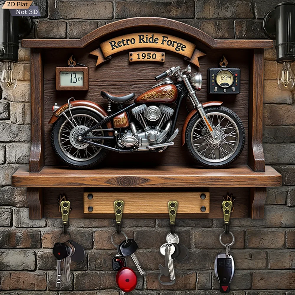 2D Flat, 1pc, 1950 Vintage Motorcycle Key Hook, Wooden Multifunctional Home Key Hook, with Four Metal Hooks, Wall Decor, Porch