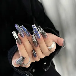 24Pcs Sweet Cool Spice Girl Press on Nails Black French Bow False Nails Y2k Star Glitter Diamond Nail Long Square Gel Fake Nails