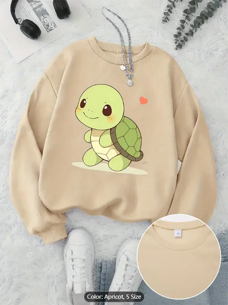 

Womens Apricot Sweatshirt Cute Turtle Graphic Print Casual Oversized Pullover Top for Animal Lovers Comfortable Pure Cotton