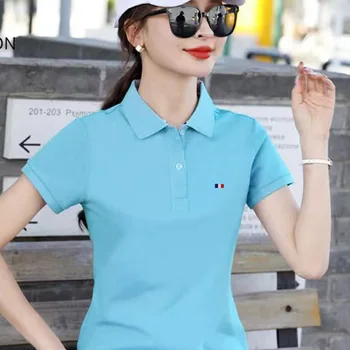 여성용 반팔 폴로 셔츠, 순면, 루즈 프랑스 로고, 라펠 티셔츠, 골프 상의, 여름 