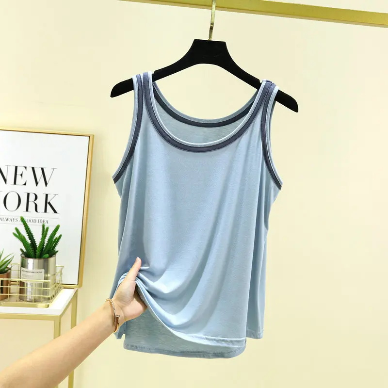 Modal Camisole summer women\'s Tank tops Contrast color all match Tshirts sleeveless O-Neck Bottoming Top