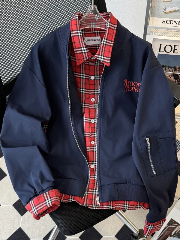 

Plaid Patchwork Fake Two-Piece Men's Spring Autumn Casual Work Jaet Trendy Baseball Sle Loose Fit Long Sve Zipper