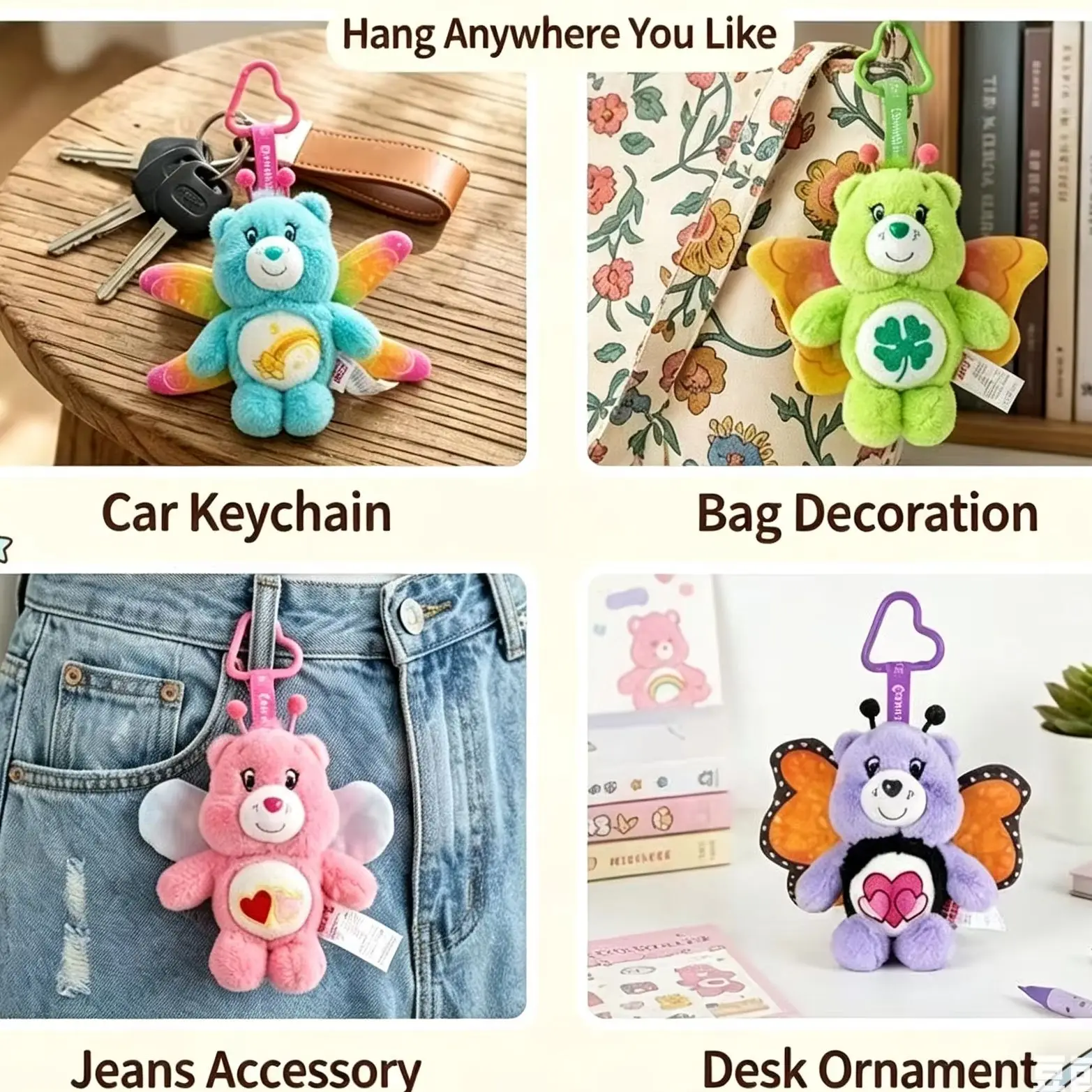 Care Bears 15cm Insect Wing Plush Keychain Soft Stuffed Bear Pendant Bag Charm for Backpack Key Ring Birthday Party Decor Gift
