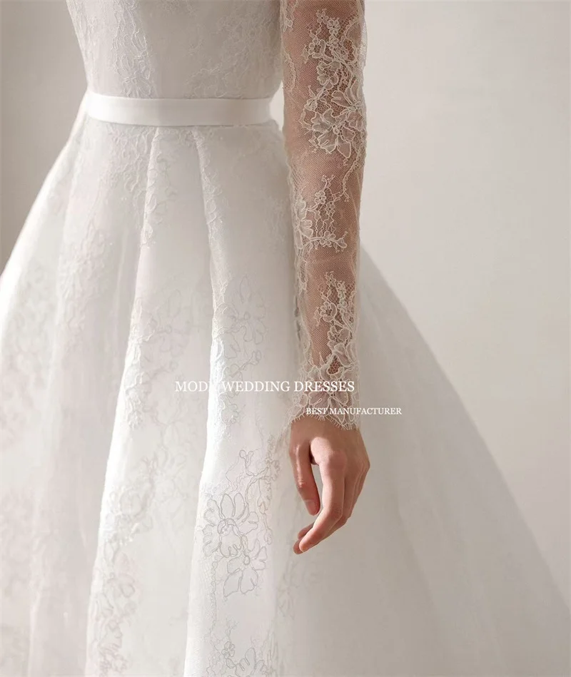 MODX Squisito abito da sposa in pizzo principessa con scollo a V maniche lunghe staccabile Sweep Train Abito da sposa formale da donna personalizzato