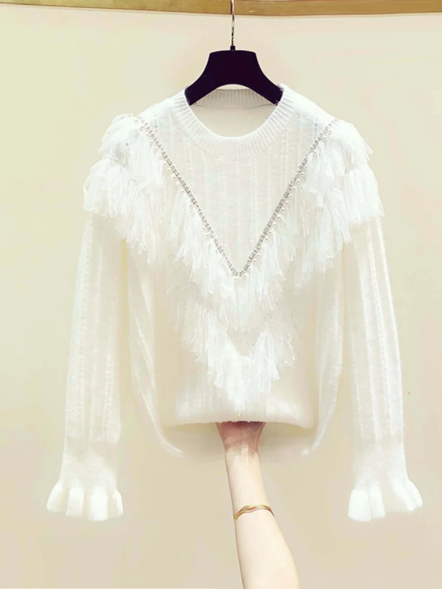 Beaded Korean Style Tassel Mesh Stitching White Pullover Women 2023 Winter New Outer Wear Long Sleeve Knitted Sweater