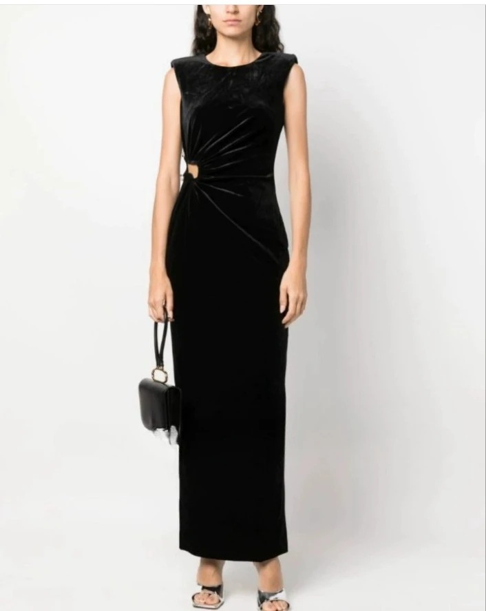 

Women's black velvet dress hollow design pearl slim fit elegant midi robe