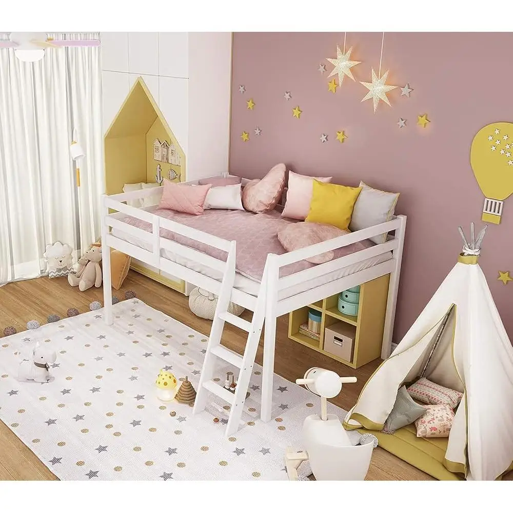 سرير منخفض مع سلالم من خشب الصنوبر الصلب بالحجم الكامل، سرير بطابقين موفر للمساحة للأطفال والمراهقين الصغار، سهل التجميع، لا حاجة إلى صندوق الربيع #6
