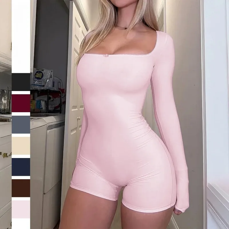 Rosa Overall für Damen, sexy Langarm-Jumpsuit, Yoga-Hose, Sport-Yoga-Stil, schmaler kurzer Jumpsuit, Damenbekleidung