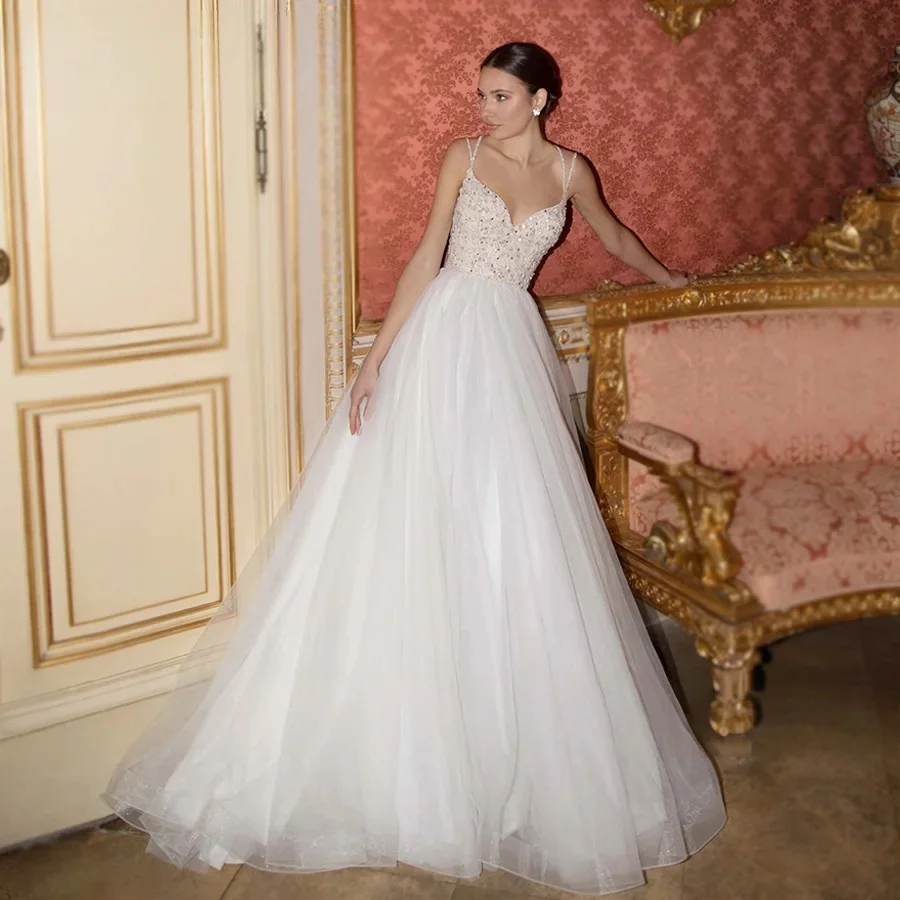 Backless Wedding Dresses A-line Spaghetti Straps Beaded Dubai Saudi Arabia Israel Bridal Gowns Vestido De Novia Customized