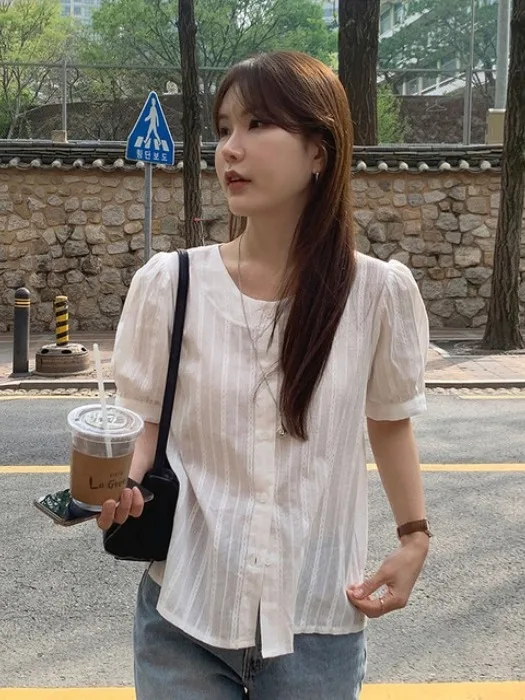 Coreano Sle Sweet Floral ort Sve irt Donna Estate 2025 Nuovo rotondo Ne Single Button Ele Top Bubble Sve