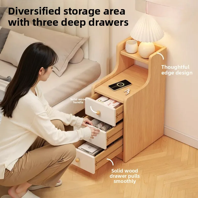 Bedside Shelf Household Bedroom Narrow-sided Bedside Storage Shelf Cabinet Cream Style Furniture