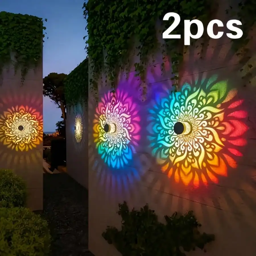 2 Peças Luminária de Parede Solar de Metal Vazado com Mandala, Luminária Solar para Jardim Externo