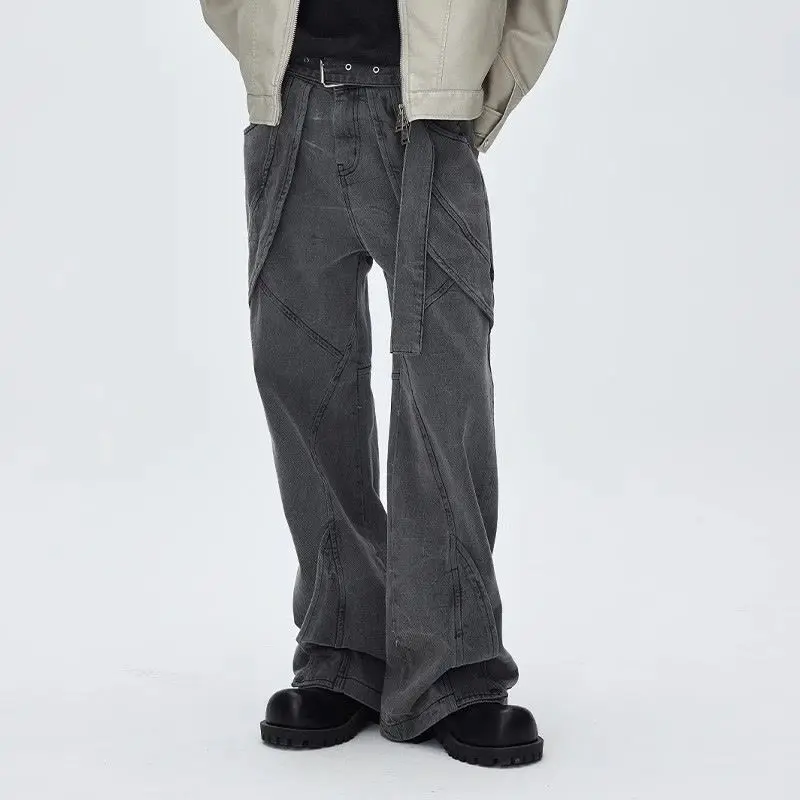 American retro detachable waistband loose leaf jeans men's cleanfit style simple and loose straight leg wide leg pants