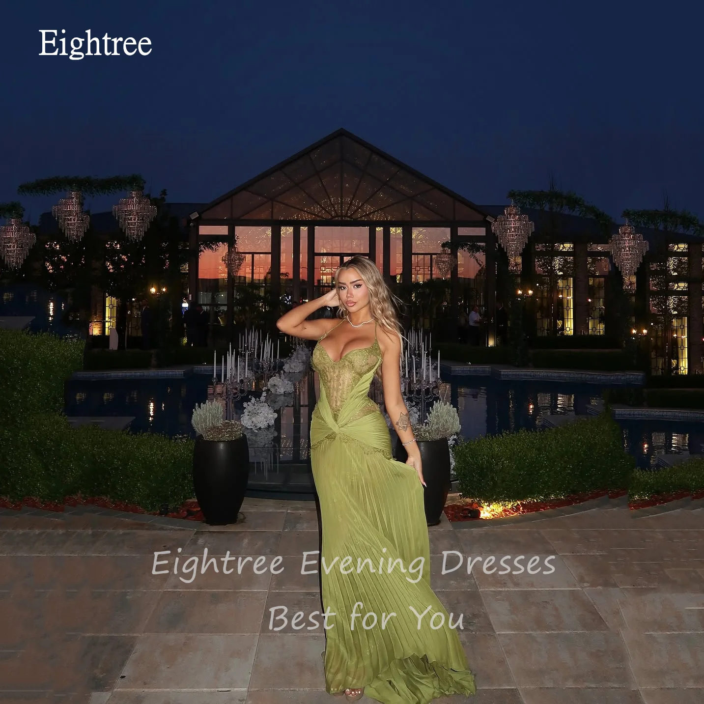 Eightree براقة الرسن الخردل الأخضر الحفلة الراقصة عارية الذراعين حورية البحر حزب رسمي ثوب الطابق طول مساء اللباس مخصص
