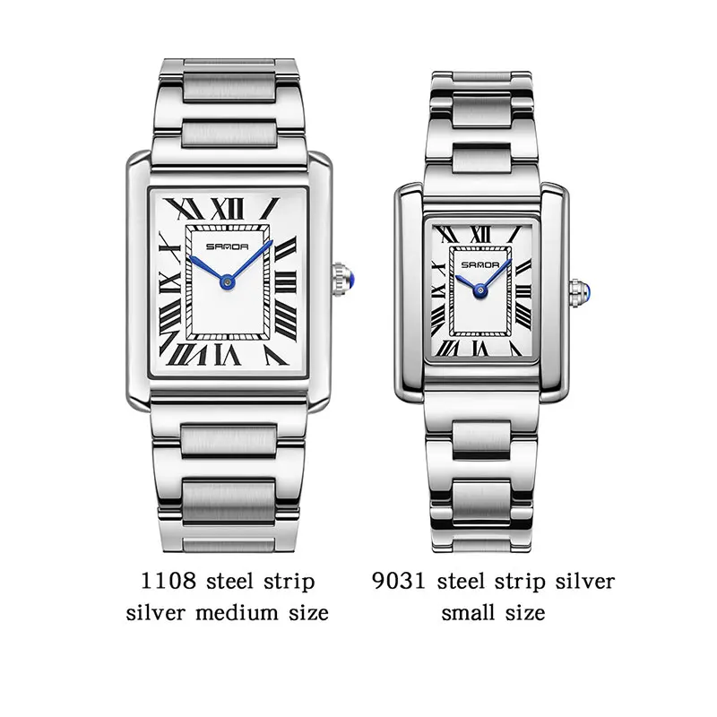 SANDA Fashion Business Men Women Quartz Watch Roman Numeral Square Stainless Steel Waterproof Wristwatch Lovers Casual Watches