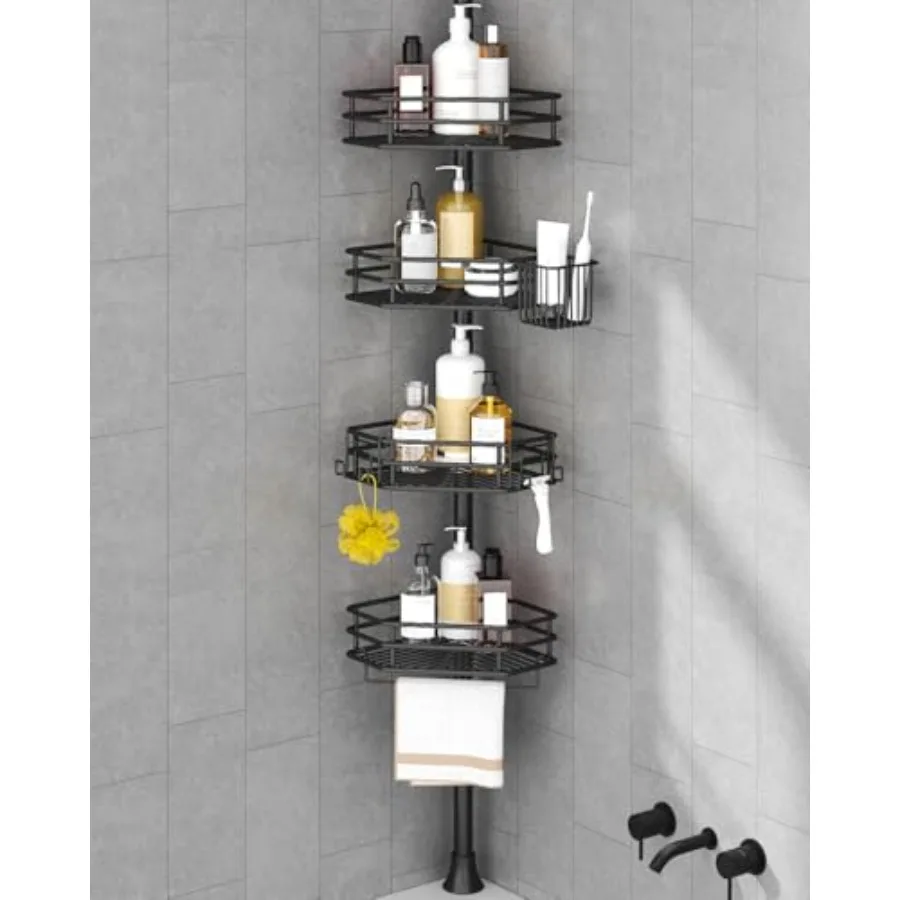 

Corner Shower Caddy Tension Pole Quick Setup Rust-Free Bathroom Shower Organizer Corner for Bathtub Shampoo Storage 4-Tier Adju