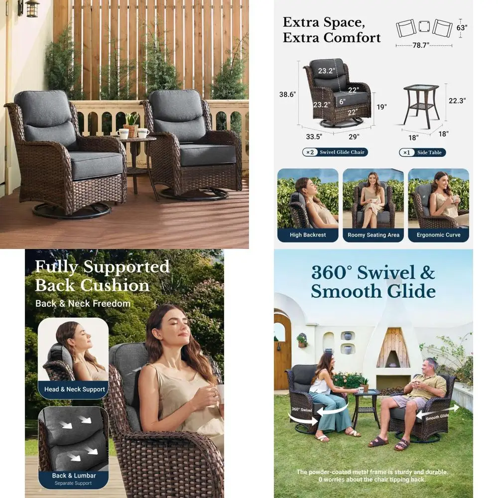 

Luxury Outdoor Patio Furniture Set with Thick Cushions, High Back Swivel Rocker Chairs, 3-Piece Wicker Conversation Set