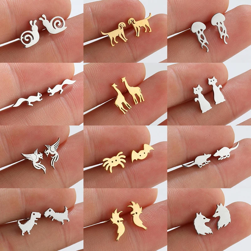 Tiny Stainless Steel Fashion Stud Earrings Multiple Animal Ear Studs Snail Cat Phoenix Dinosaur Earings Wholesale Jewelry Bijoux