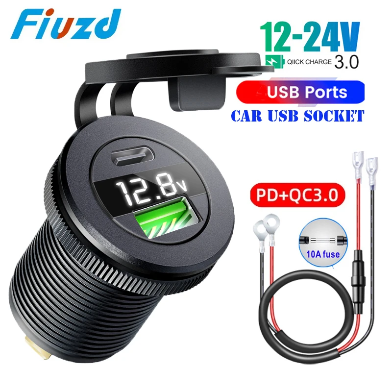 12/24V Dual USB Car Socket Charger LED Voltmeter Power Socket Car USB Port Fast Charger for RV Boat Marine Truck