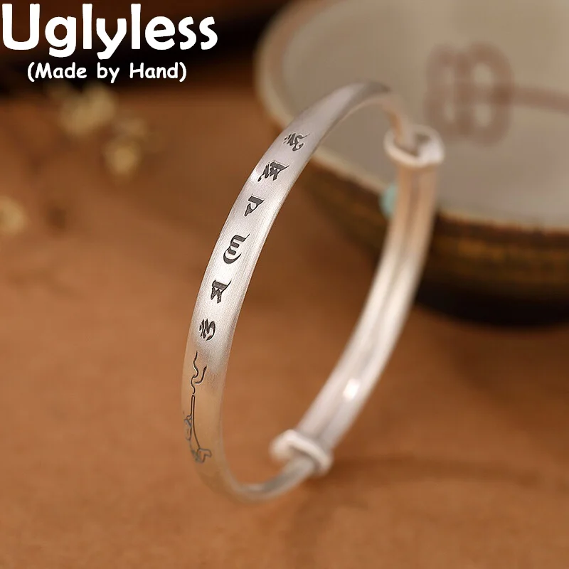 

Uglyless Solid 99.9% Pure Silver Square Bangles for Buddhists Unisex Men Women Six-word Buddhism Bracelet Adjustable Open Bangle