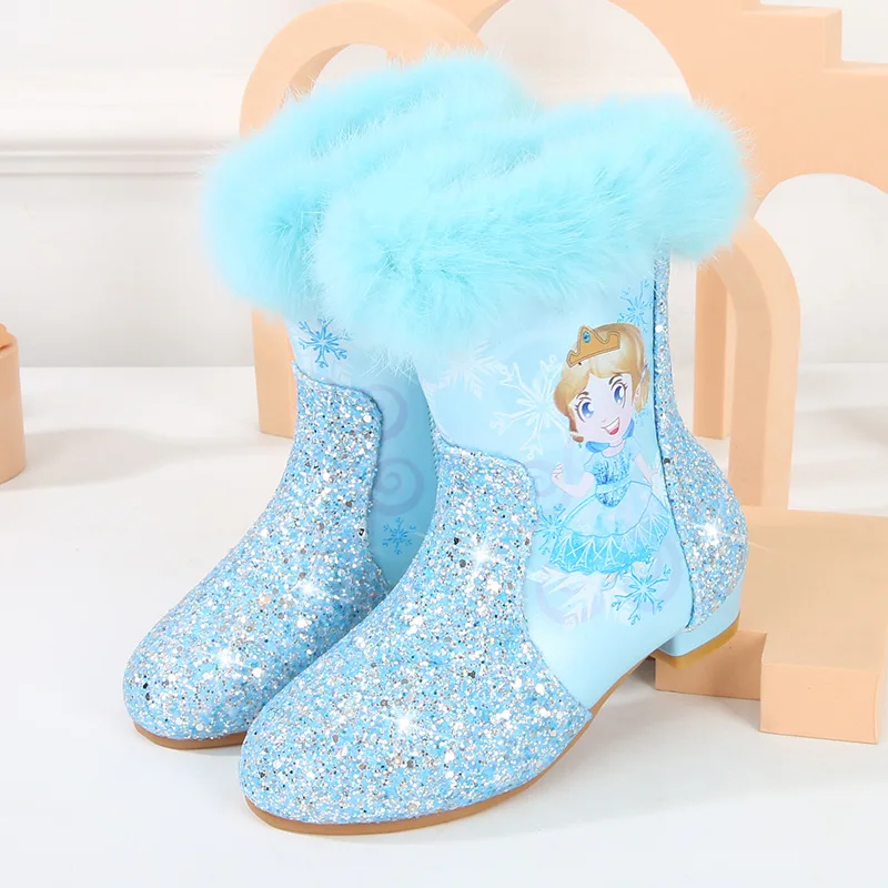 girls High Heel Boots 2024 Winter New Children\'s Short Boots Little Kids Plush Warm Snow Boots Elsa Princess Cotton Boots