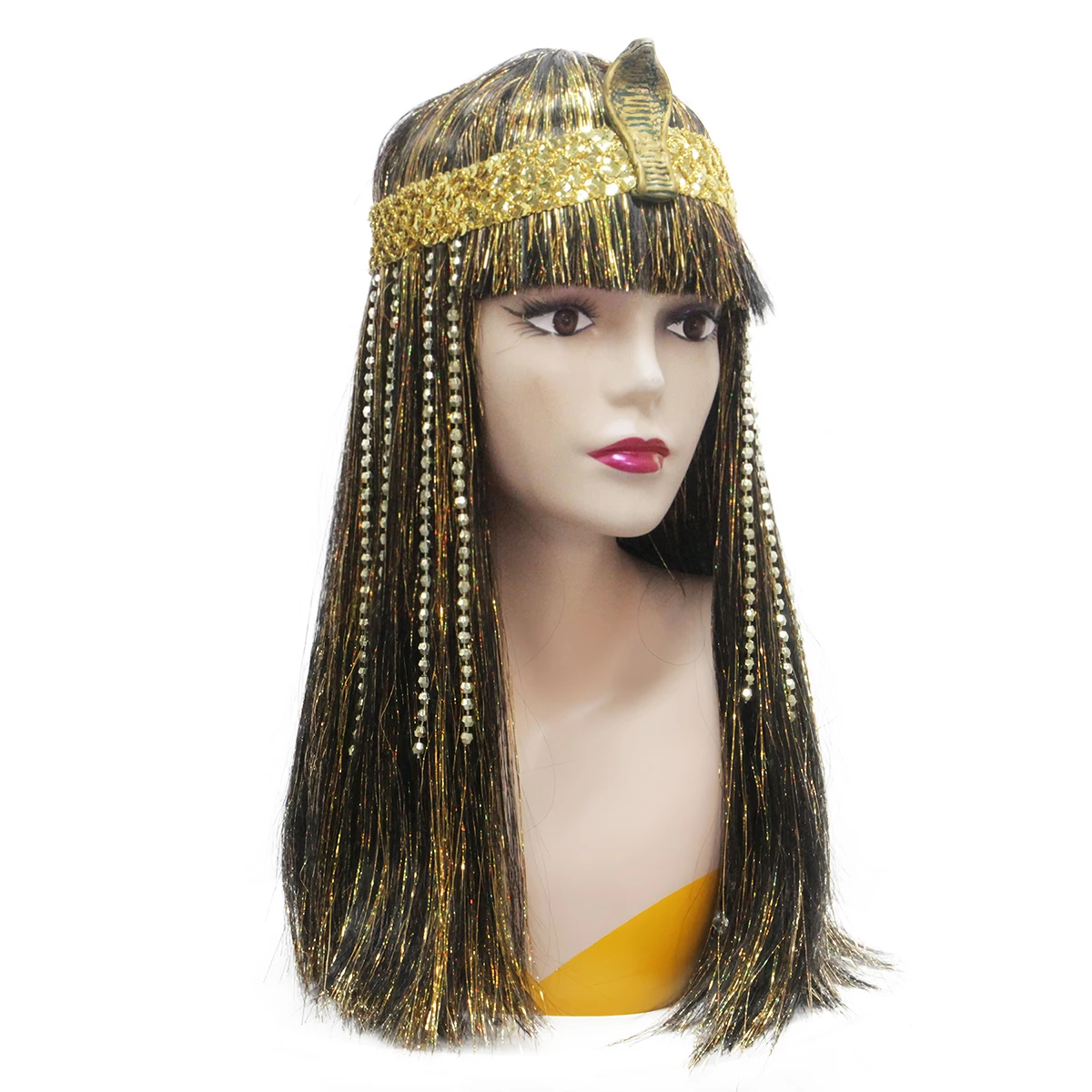 New Fashion Egyptian Queen Cosplay Wig - Golden Snake Head Headwear Golden Rain Silk Black Long Straight Synthetic Wig