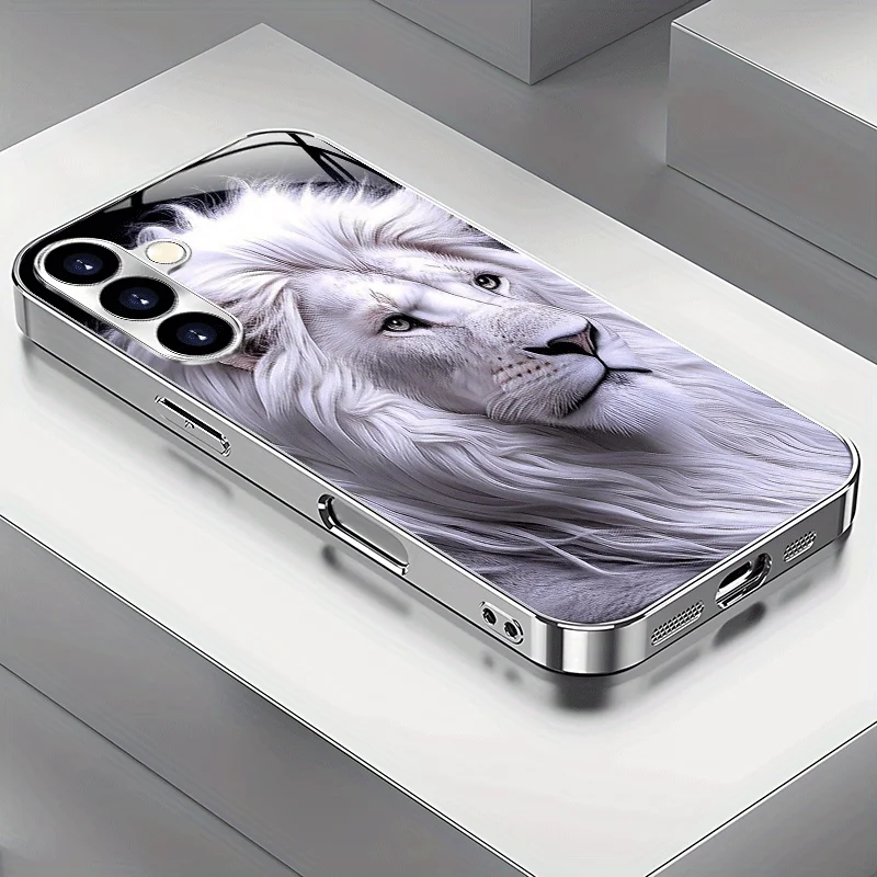 White lion patterned glass phone case suitable for Samsung Galaxy S26 S25 S24 S23 S22 S20 FE/Ultra/Plus anti drop back cover