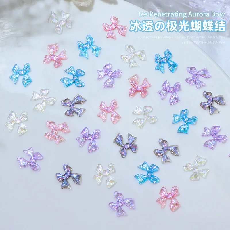 50Pcs Aurora Bowtie Shaped Nail Resin Rhinestones Flatback 10x10.5mm Ribbon Bow Designs Charms For DIY Nail 3D Supplies