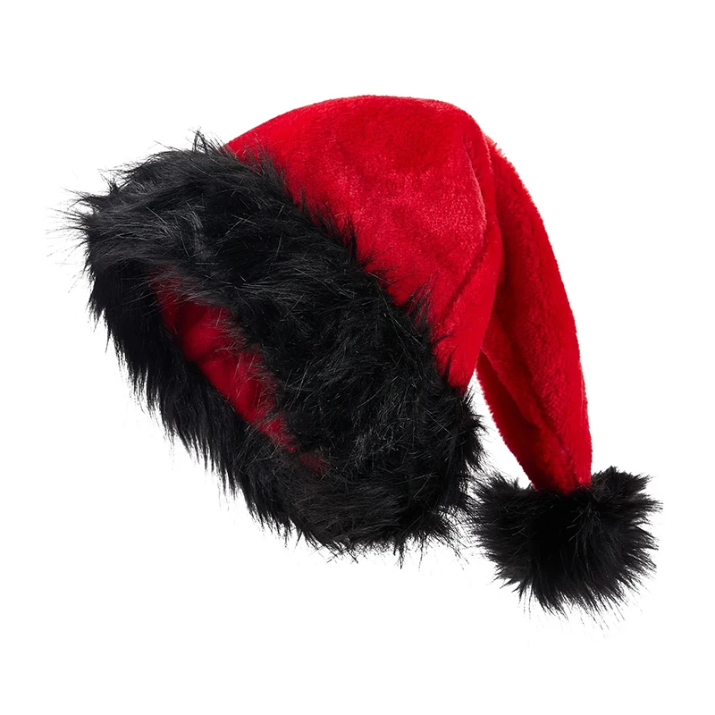 Gorro de Papá Noel de terciopelo para adultos, gorro cómodo, gorro de Papá Noel de Navidad de felpa rojo y negro para regalos de Año Nuevo