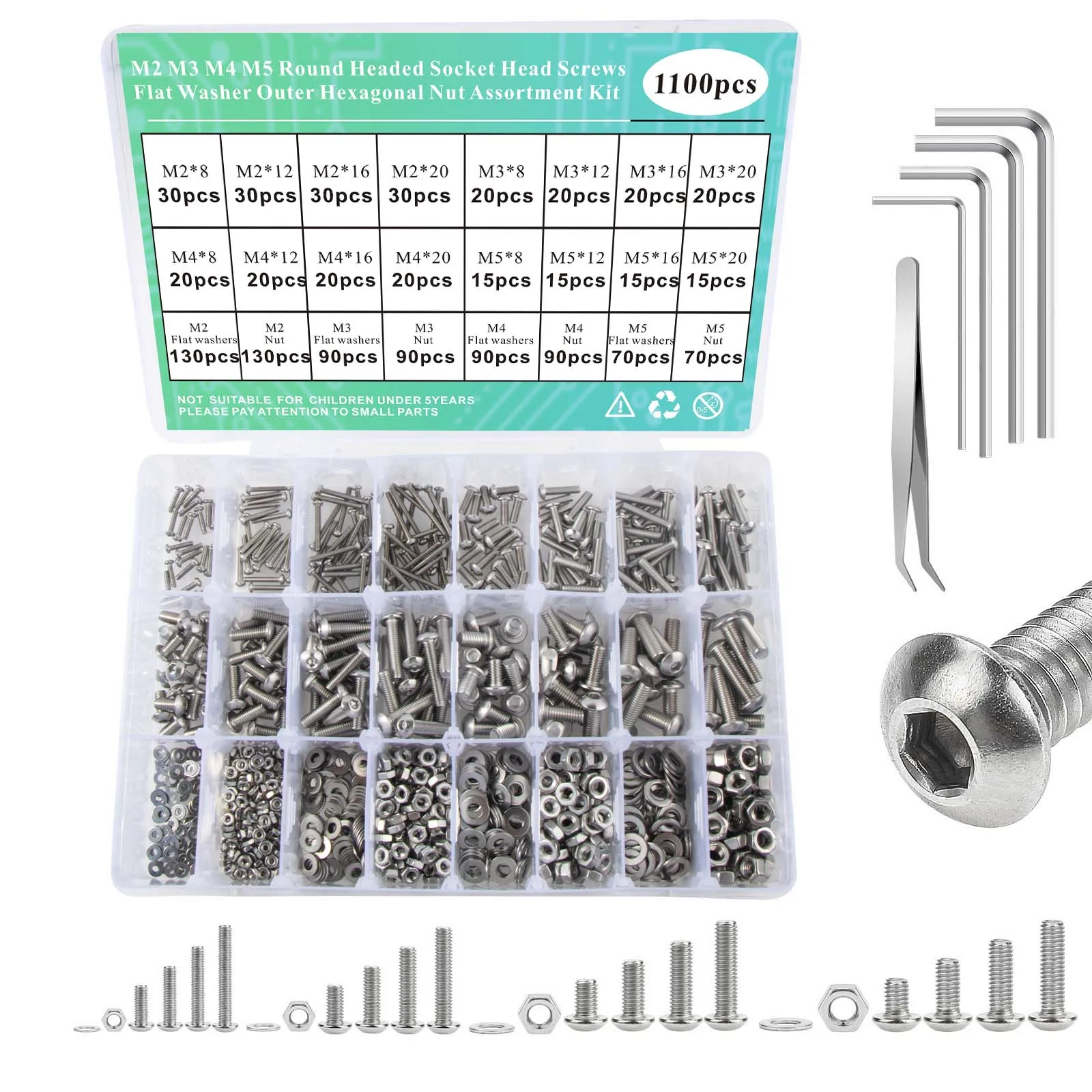 M2M3M4M5 304 Stainless Steel Round Headed Socket Head Bolts Assortment Kit,Bolts Flat Washers Nuts Set With Hex Wrenches