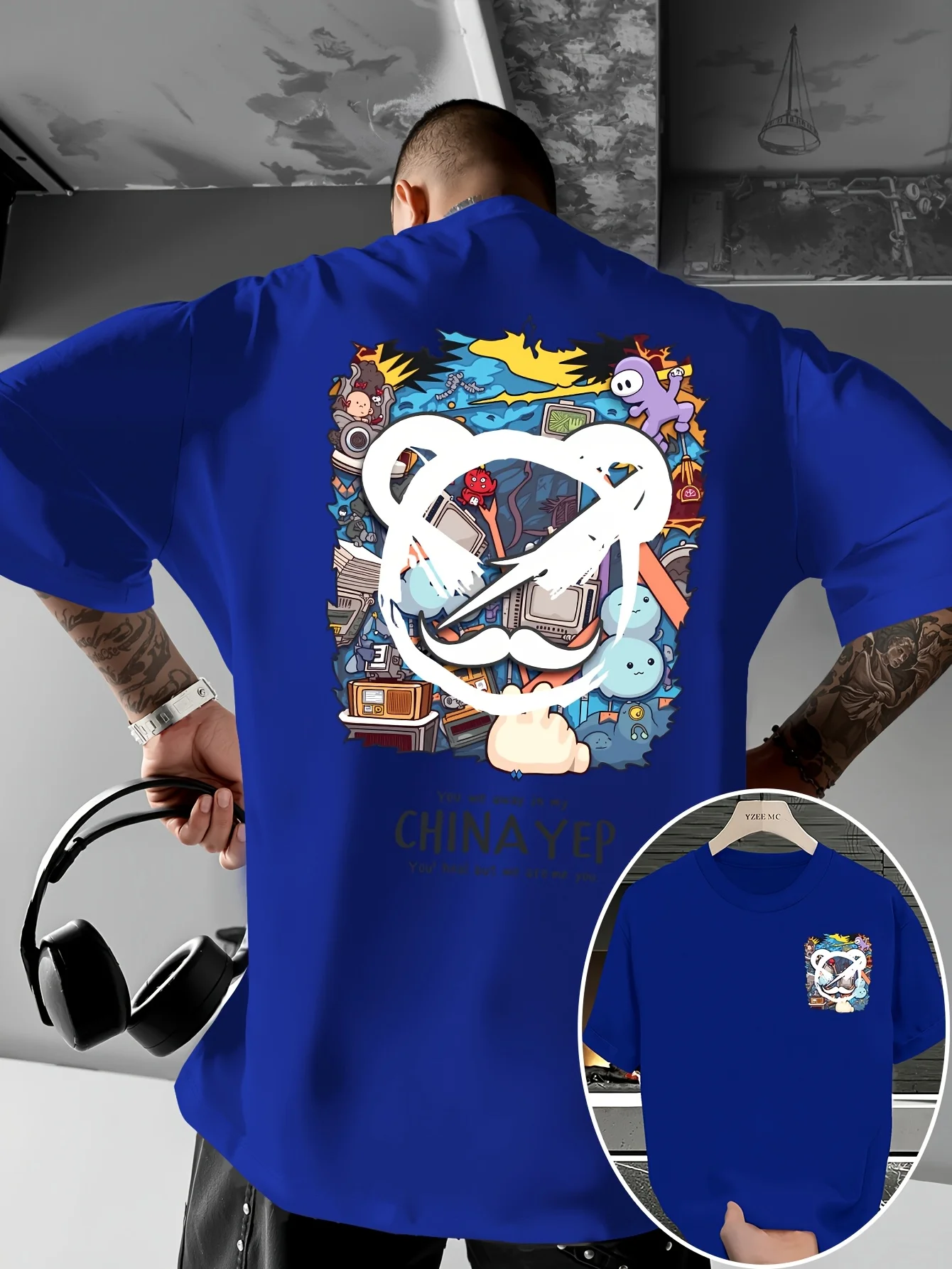 Hot selling men's summer bear graffiti print micro elastic breathable round neck T-shirt outdoor urban high street top