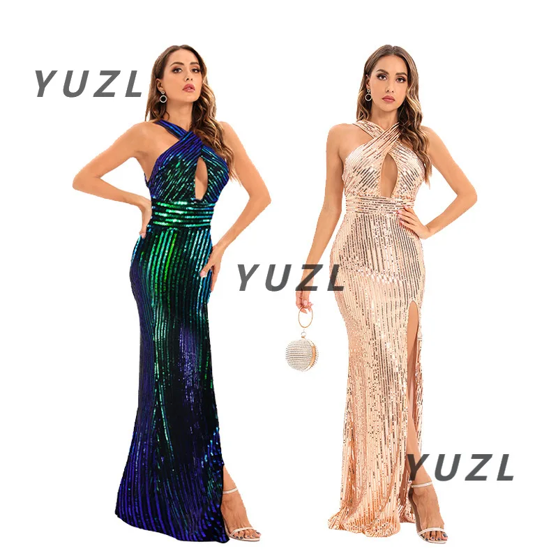 Verano moda europea y americana ropa de mujer cuello colgante Split trapeador piso sexy vestido sin espalda 2025 nuevo