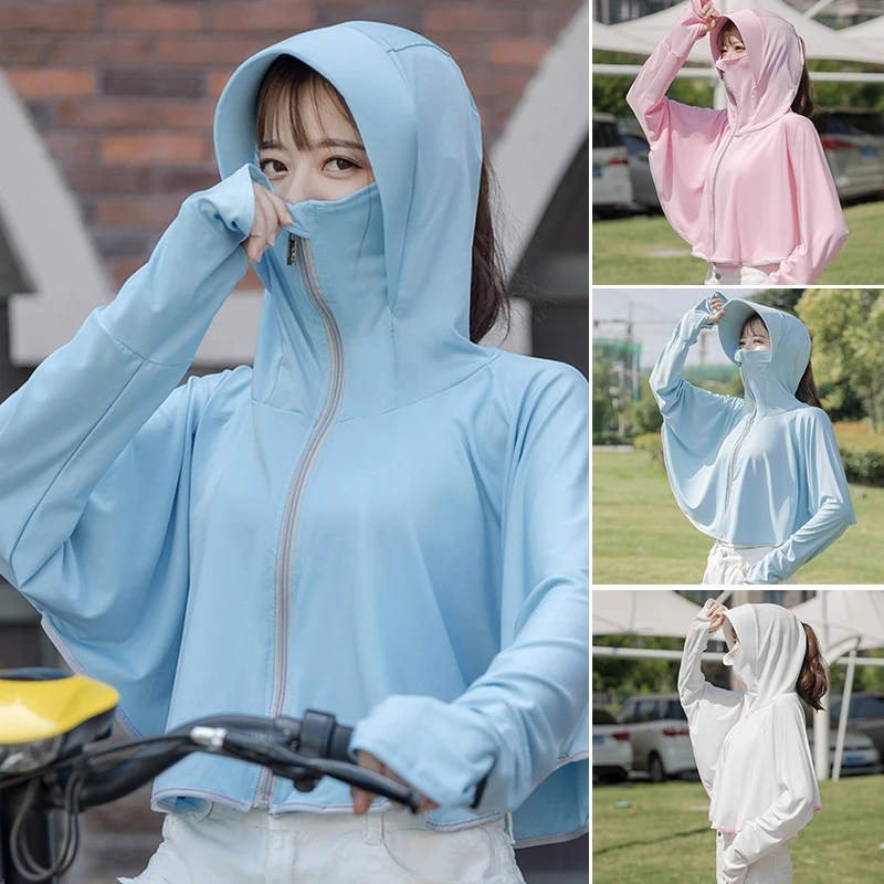 

Cycling Face Cover Sun Hat Outdoor Sunscreen Women Sport Jacket Zipper Coat Quick Dry Running Hoodies Thumb Hole Sportwear