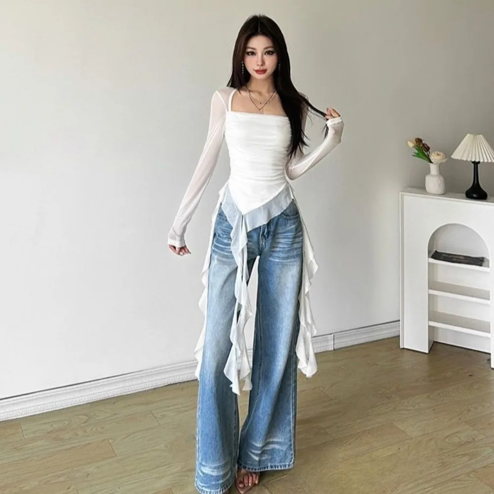 

Streetwear Jellyfish Mesh Belt T-Shirt Korean Y2K Ins Pleated Collar Slim Fit Crop Tops Irregular Unusual