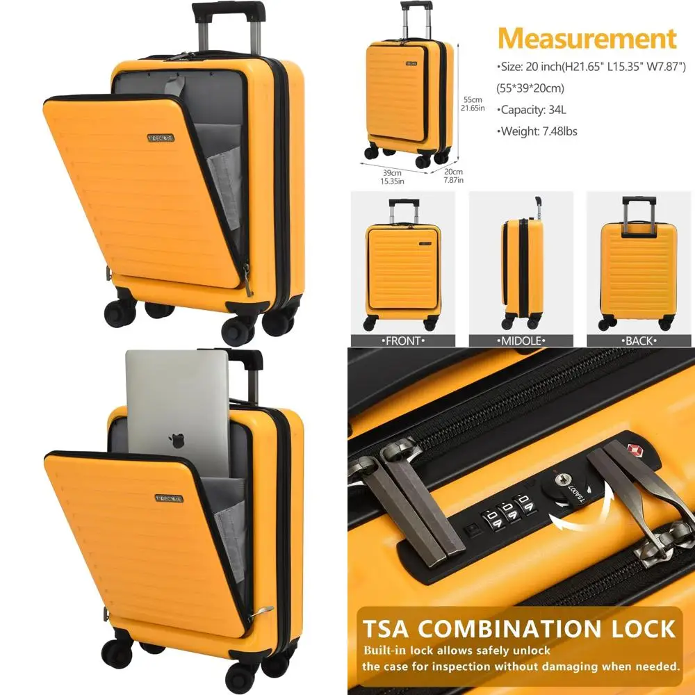 

20-дюймовый чемодан TydeC유ту с передним карманом, жесткий корпус 34 л, ПК + АБС-пластик, подходит для верхних отделений в самолете