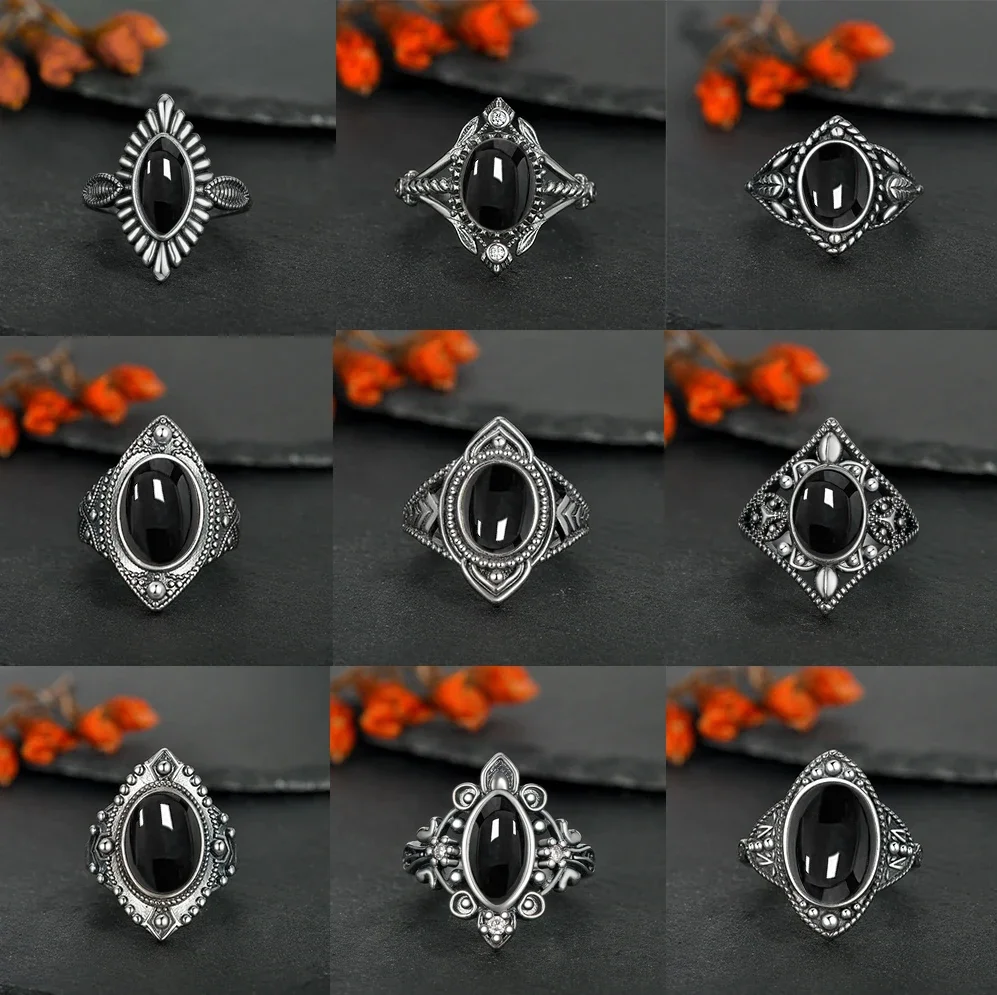Pierścionek vintage ze srebra próby 925 z naturalnym czarnym agatem, kształt markiza, owalny, retro, elegancka biżuteria, czarny pierścionek dla kobiet i mężczyzn.