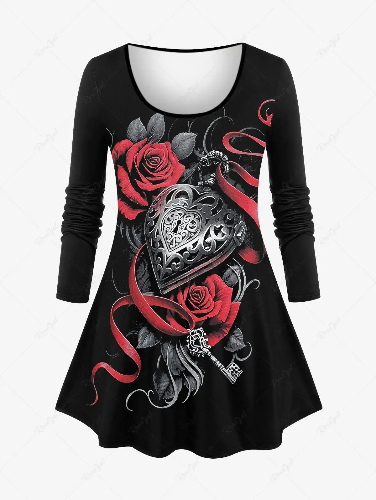 Valentine's Day Matching Set For Women Rose Flower Ribbons Heart Pendant 3D Print Daily Casual Long Sleeves T-shirt Or Leggings