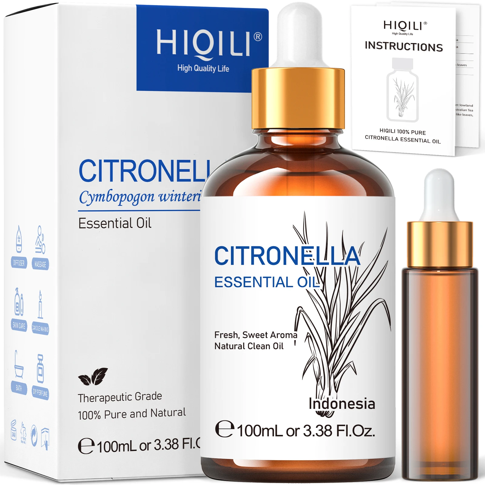 HIQILI 100ML Citronella Essential Oils,100% Pure Nature for Aromatherapy, Diffuser, Humidifier, Massage, Mosquito Repellent