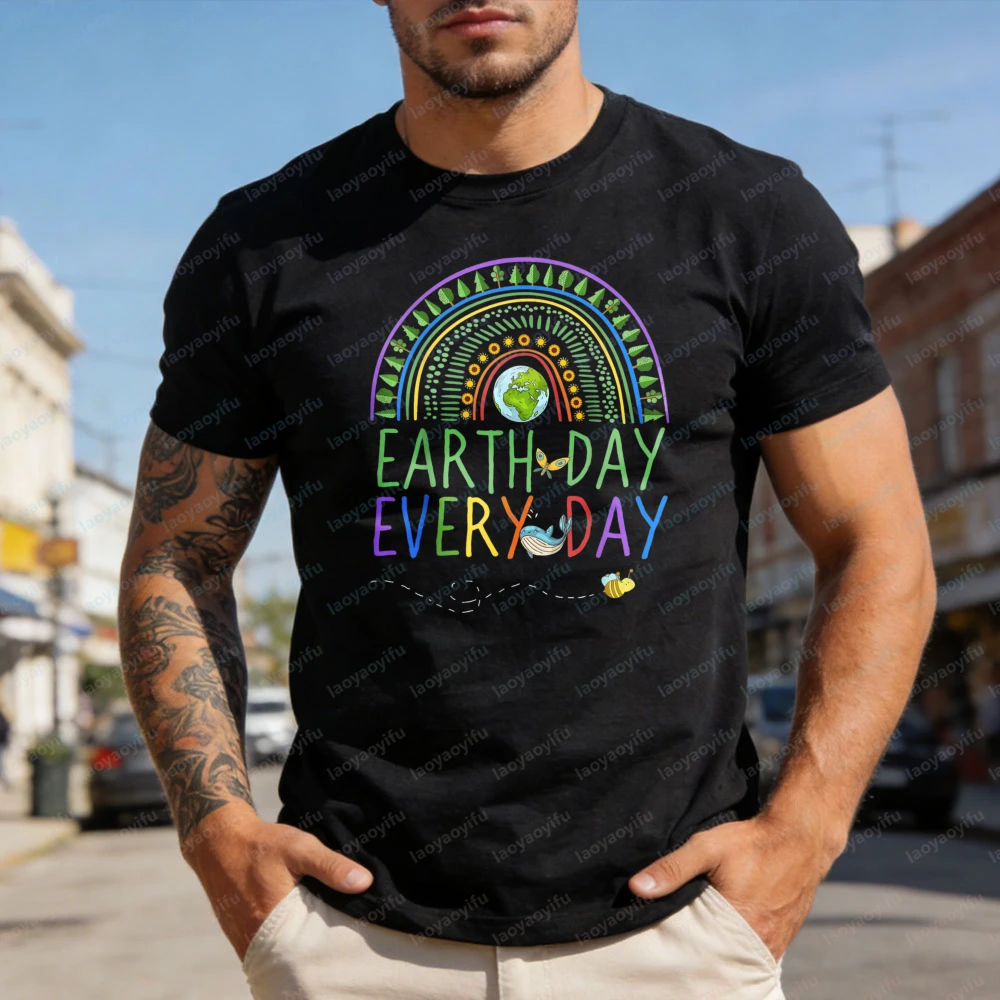 Earth Day Every Day Rainbow Planet Design Men T-Shirt Casual Fashion Top Eco Friendly Gift for Environmental Awareness T Shirt