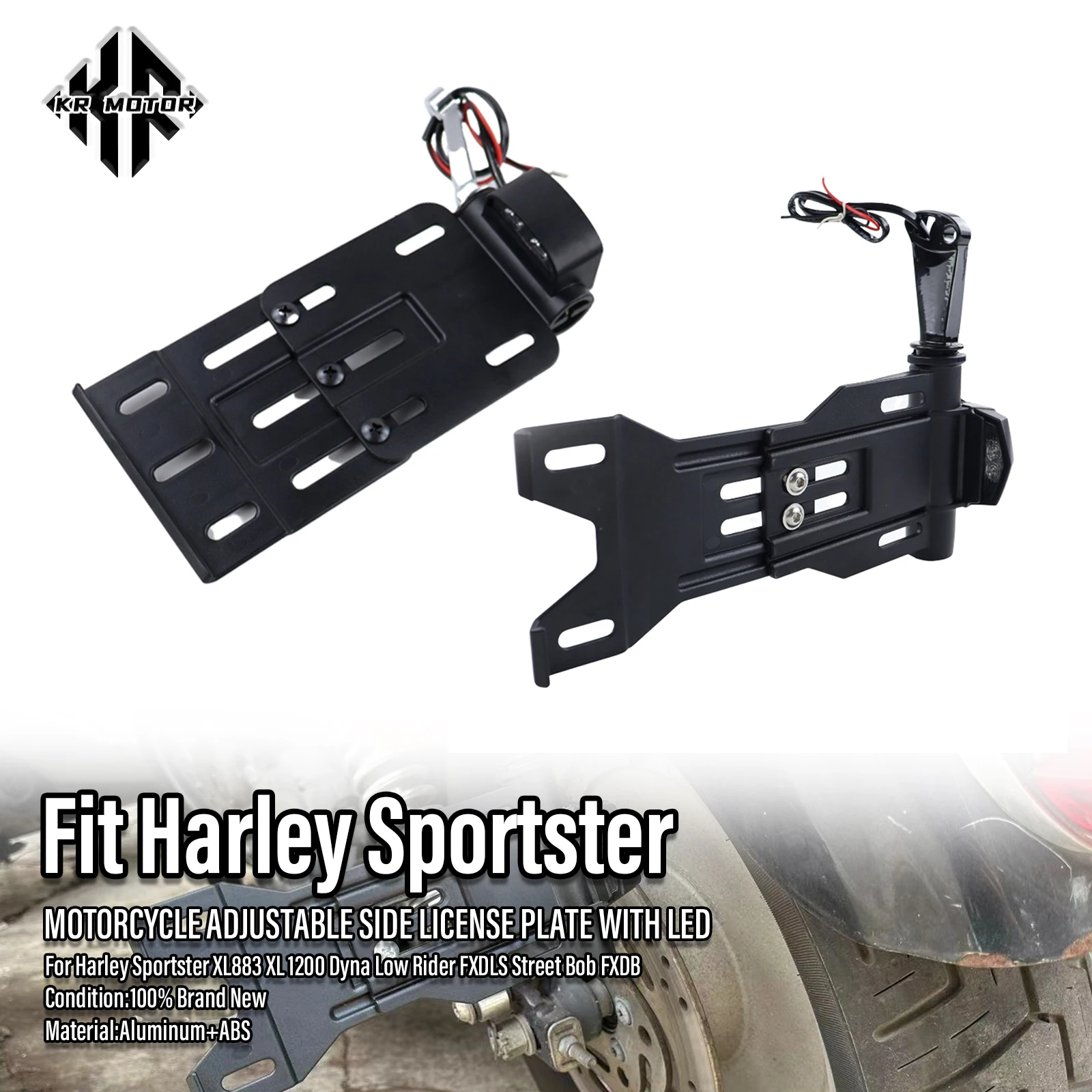 

KR MOTO Motorcycle Adjustable Side License Plate With LED For Harley Sportster XL883 XL1200 Dyna Low Rider FXDLS Street Bob FXDB