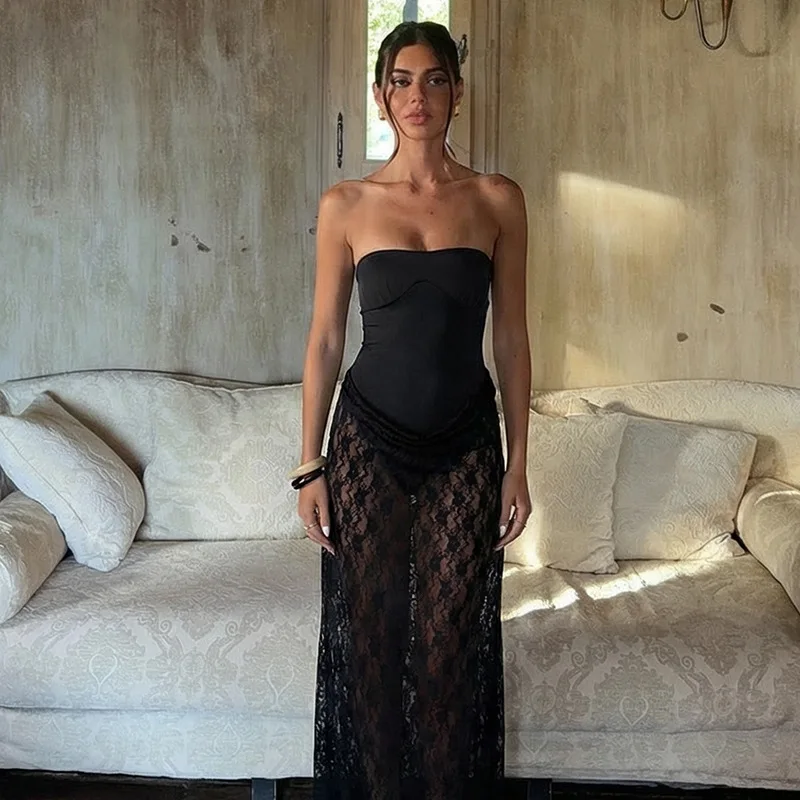 

Women's Clothing 2026 Spring and Summer New Lace Tube Top Backless Slightly Transparent Mesh Solid Color Dress Women