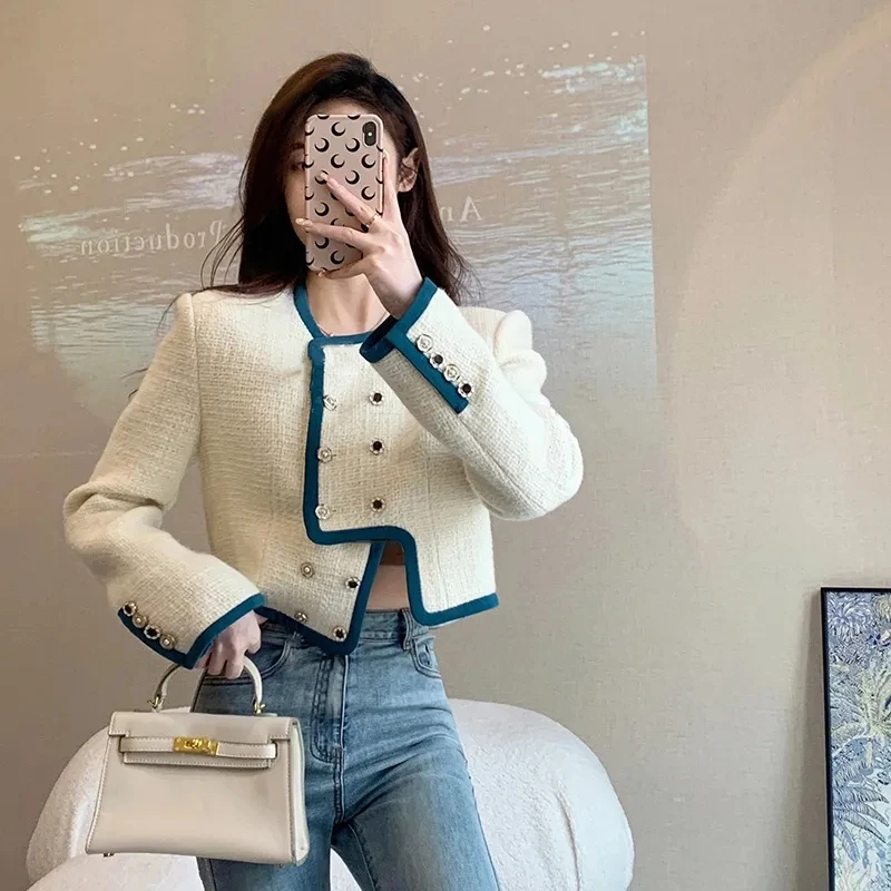 

Fragrant Splice Double Breasted 2023 New Vintage Fashion Coat Women's Crew Neck Short Jacket White