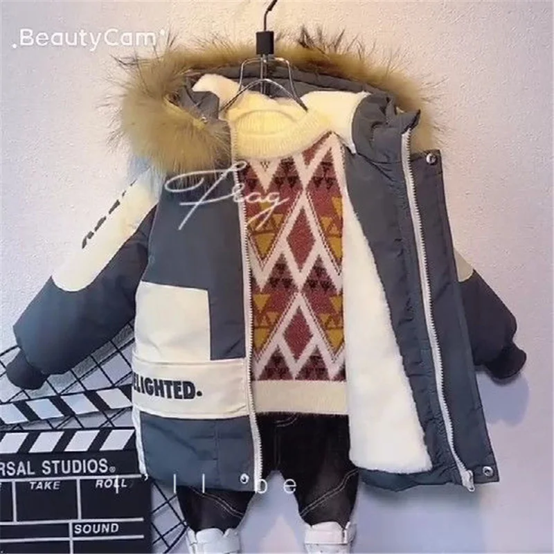 Boys Fleece Warm Coats Winter Thicken Plus Velvet Cotton Clothes Jackets Autumn Kids Furry Hooded Overcoat Children Outerwear