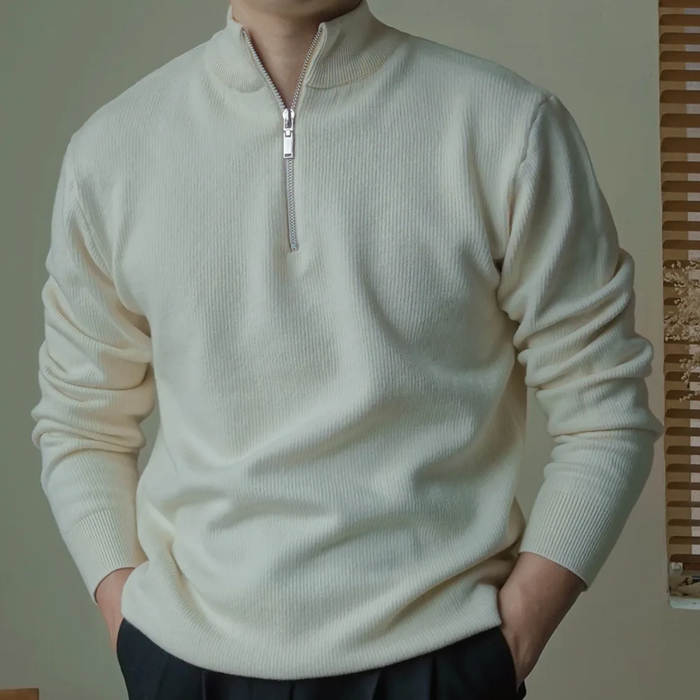 Autunno Inverno Colore caffè Cerniera Collo alto Pullover Maglione casual Uomo Collo mezzo alto Slim Fit Nero Caldo maglione lavorato a maglia maschile