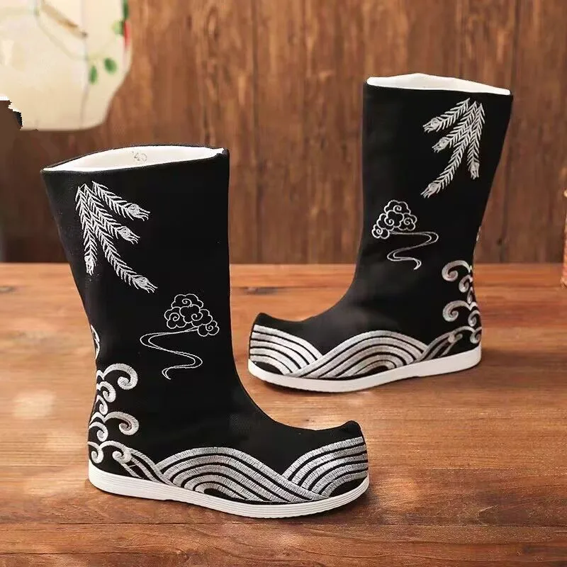 รองเท้าบูทนักรบสีดำขาว รองเท้าบูทสบู่ วินเทจ นักรบวูเซีย อัศวิน นักดาบ นินจา อุปกรณ์คอสเพลย์ รองเท้า